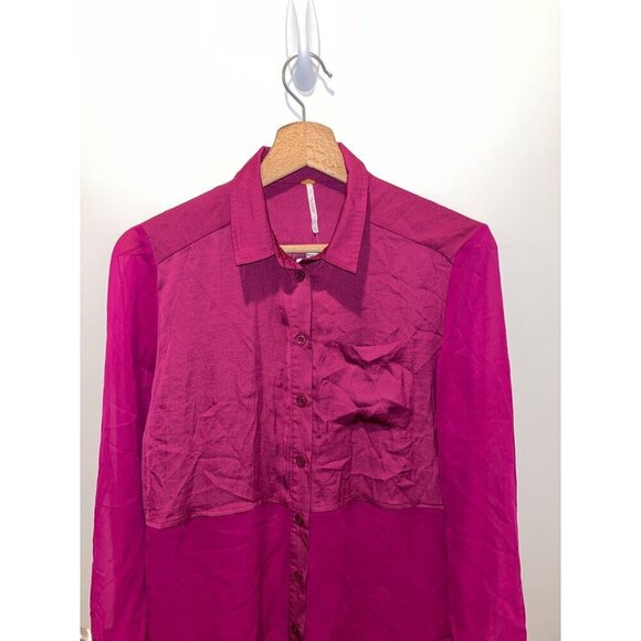 NWT Free People Best Of Both Words Sheer Fuchsia Button-Down Tunic Top Blouse  X - Picture 3 of 11